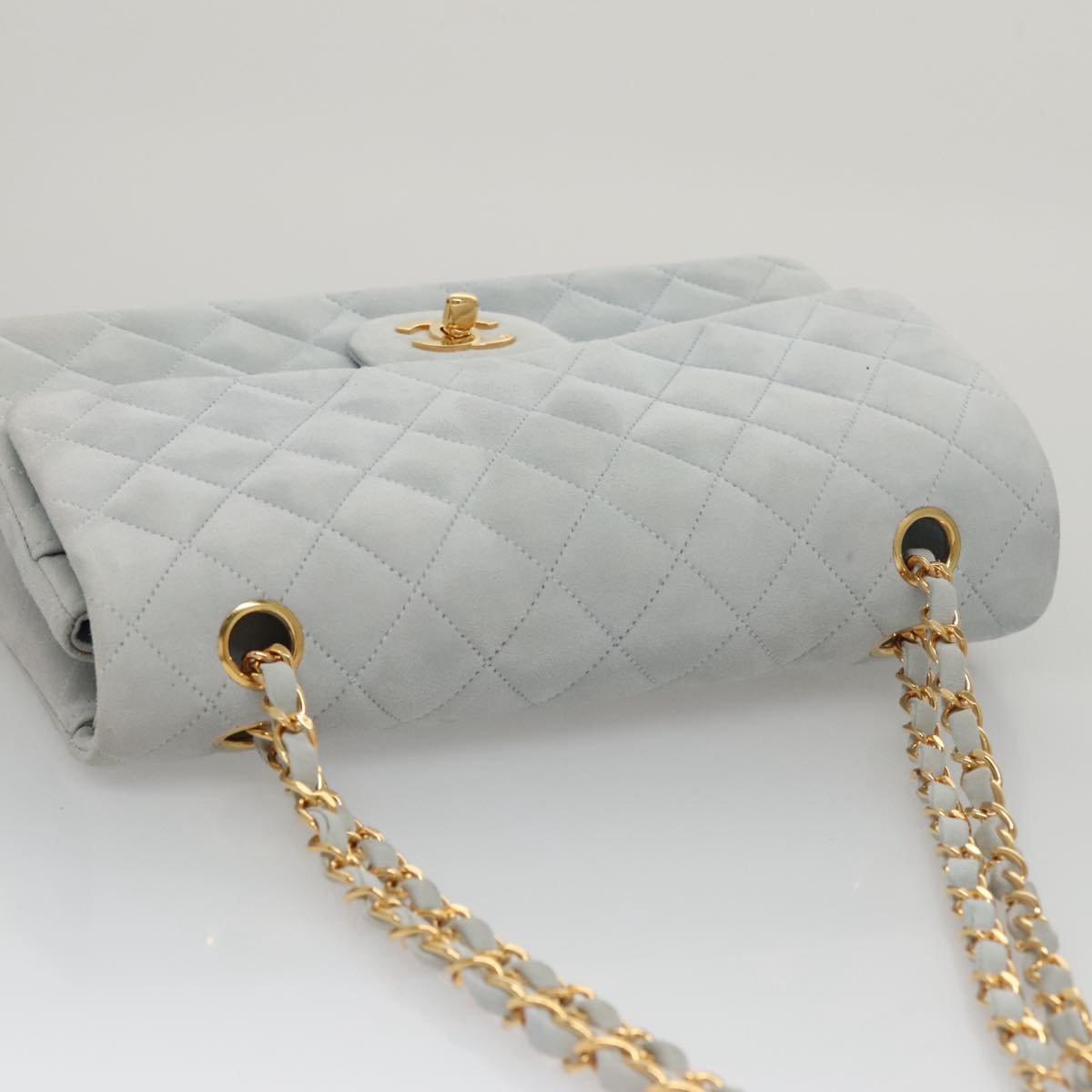 CHANEL Matelasse Chain Shoulder Bag Suede Light Blue Gold CC Auth 106433A