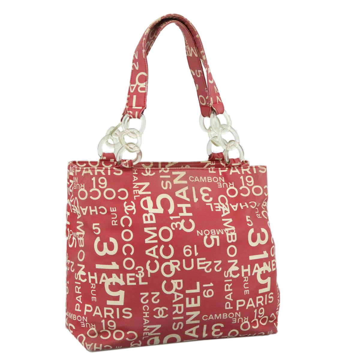 CHANEL Bysy Line Tote Bag Canvas Plastic Red Clear Silver CC Auth 106500