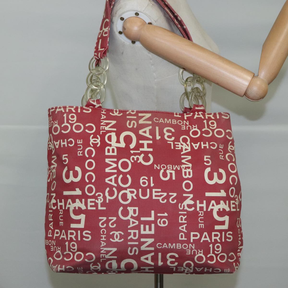 CHANEL Bysy Line Tote Bag Canvas Plastic Red Clear Silver CC Auth 106500