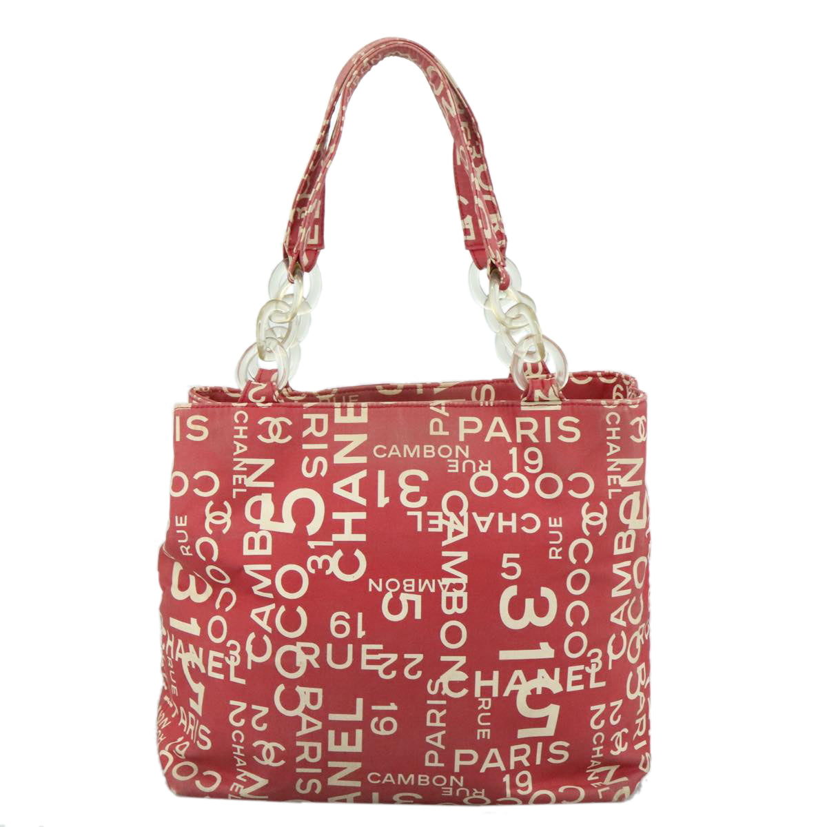 CHANEL Bysy Line Tote Bag Canvas Plastic Red Clear Silver CC Auth 106500