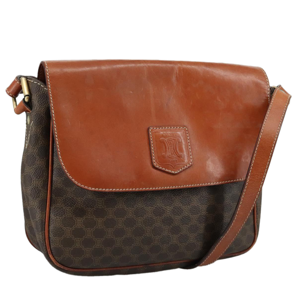 CELINE Macadam Canvas Shoulder Bag PVC Leather Brown Gold Auth 106514