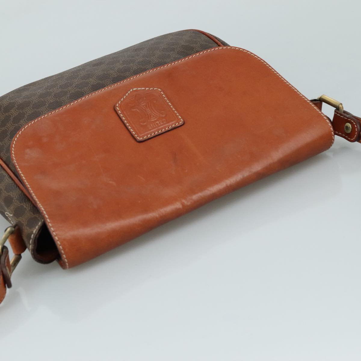 CELINE Macadam Canvas Shoulder Bag PVC Leather Brown Gold Auth 106514