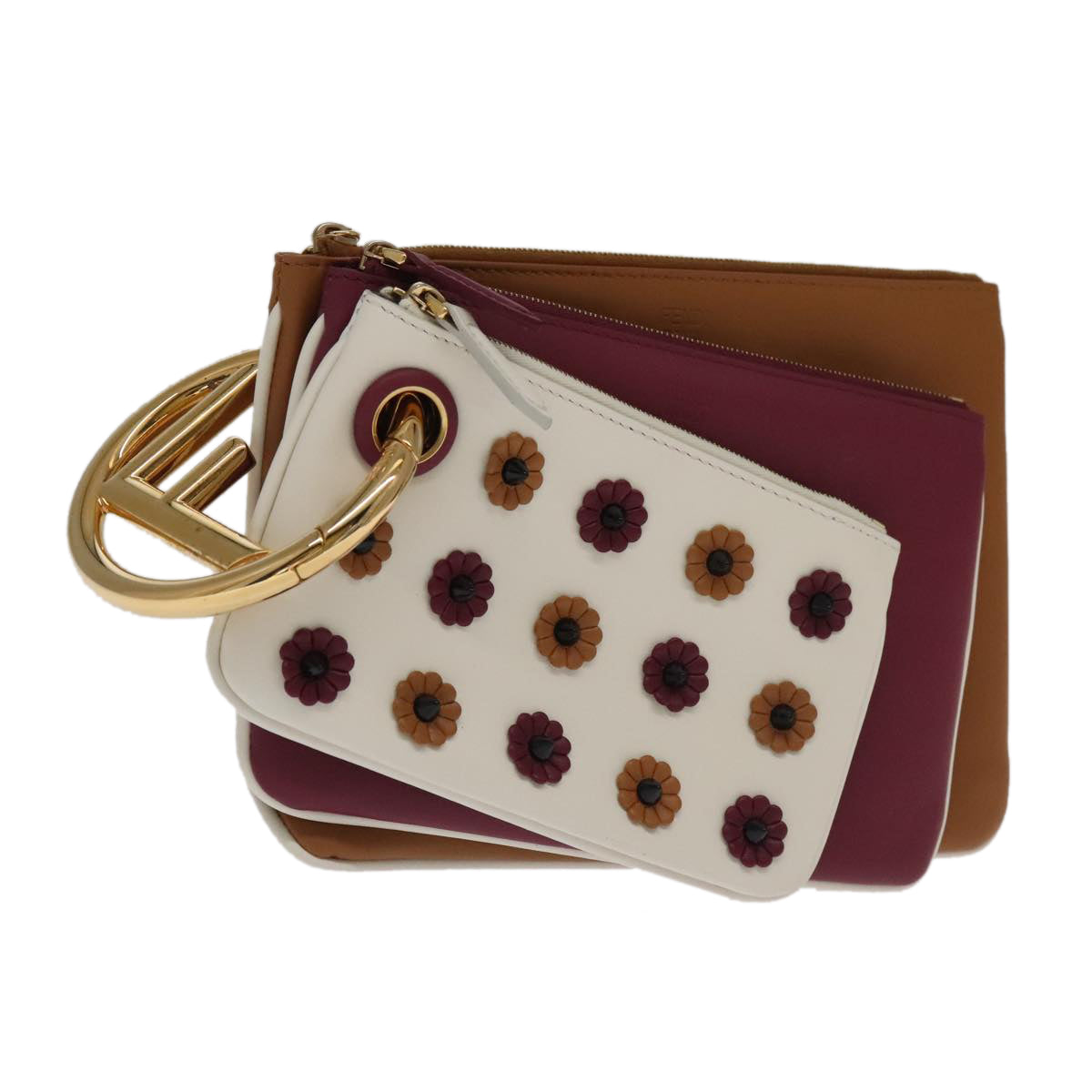 FENDI Triplet Clutch Bag Leather Brown Purple gold Auth 106719V