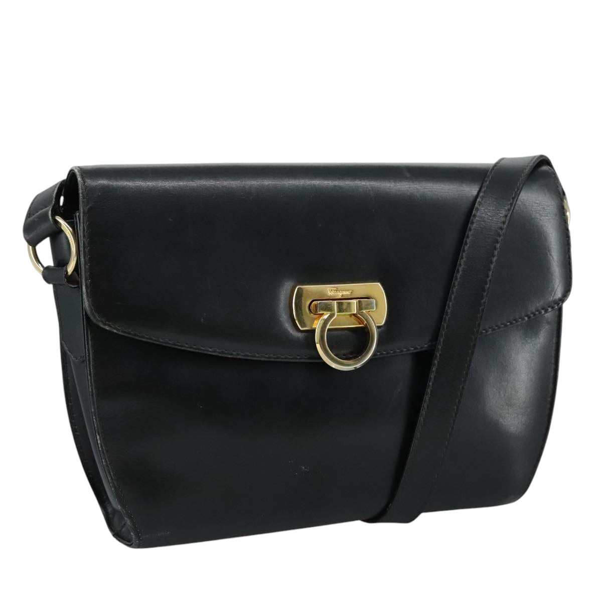 Salvatore Ferragamo Gancini Shoulder Bag Leather Black Auth 106734