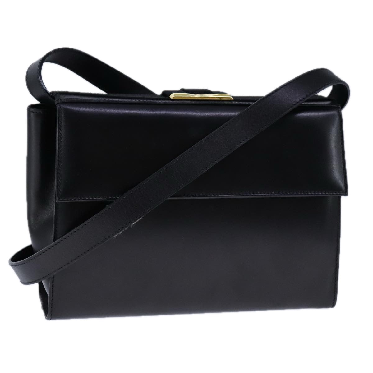 Salvatore Ferragamo Gancini Shoulder Bag Leather Black Gold Auth 106875