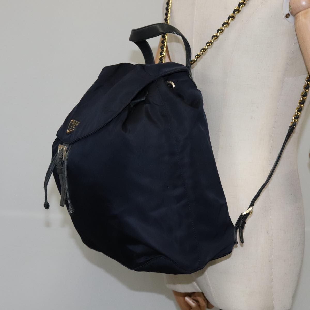 PRADA Chain Backpack Nylon Navy Gold Auth 106957