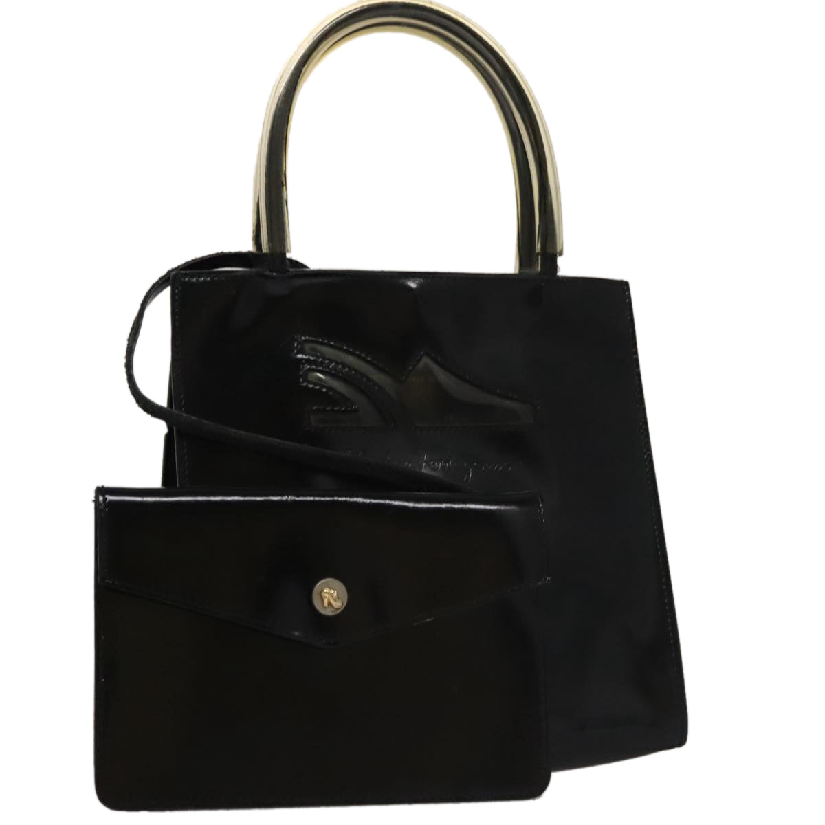 Salvatore Ferragamo Hand Bag Enamel Black Auth 107226