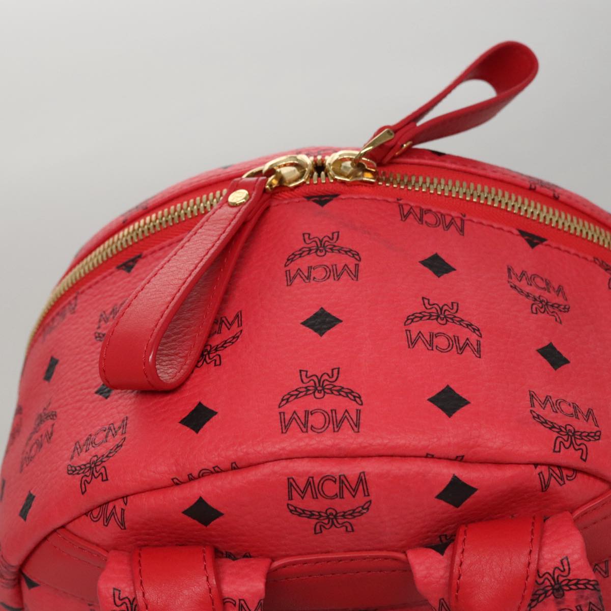 MCM Vicetos Logogram Backpack PVC Leather Red Gold Auth 107363