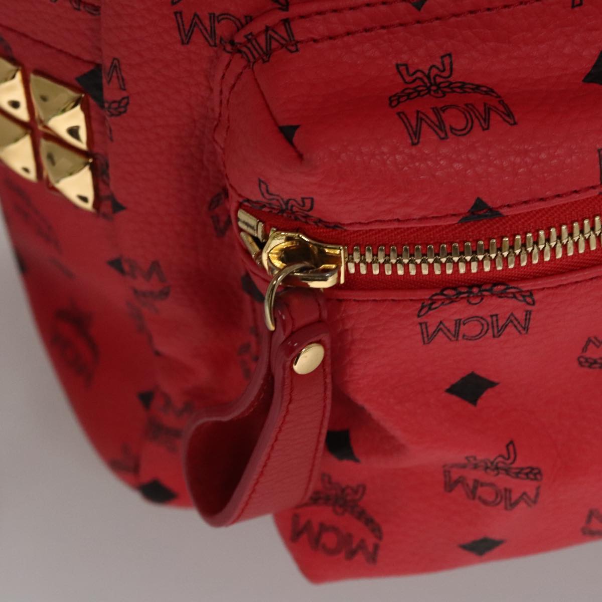 MCM Vicetos Logogram Backpack PVC Leather Red Gold Auth 107364