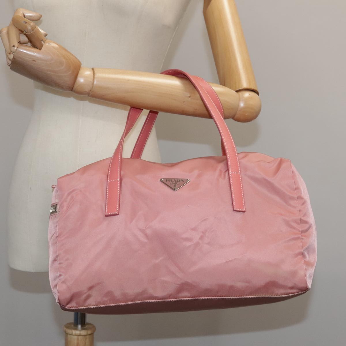 PRADA Boston Bag Nylon Pink Silver Auth 107368
