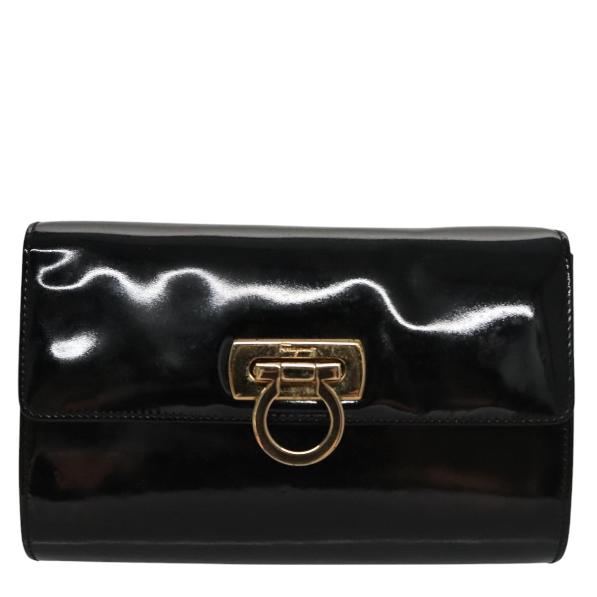 Salvatore Ferragamo Gancini Chain Shoulder Bag Enamel Black Gold Auth 107493