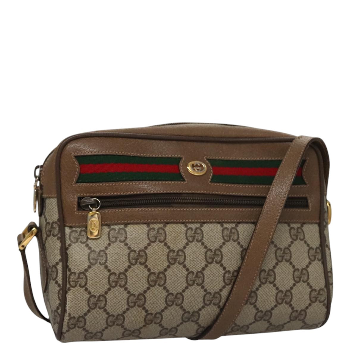 GUCCI GG Supreme Web Sherry Line Shoulder Bag PVC Beige Green Red Auth 107529
