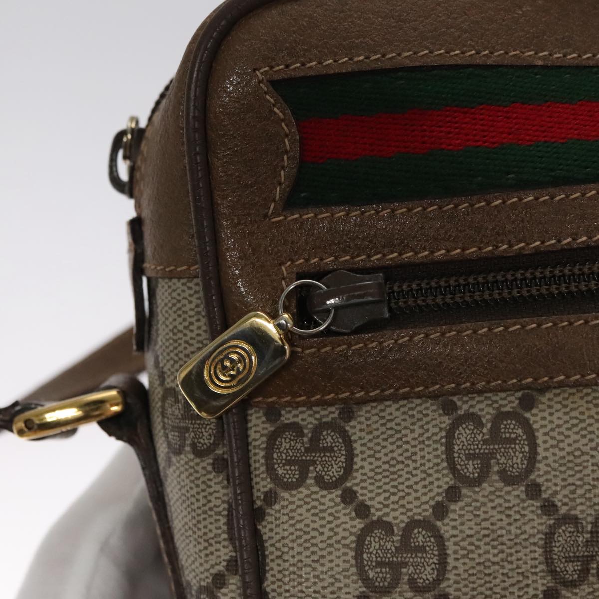 GUCCI GG Supreme Web Sherry Line Shoulder Bag PVC Beige Green Red Auth 107529