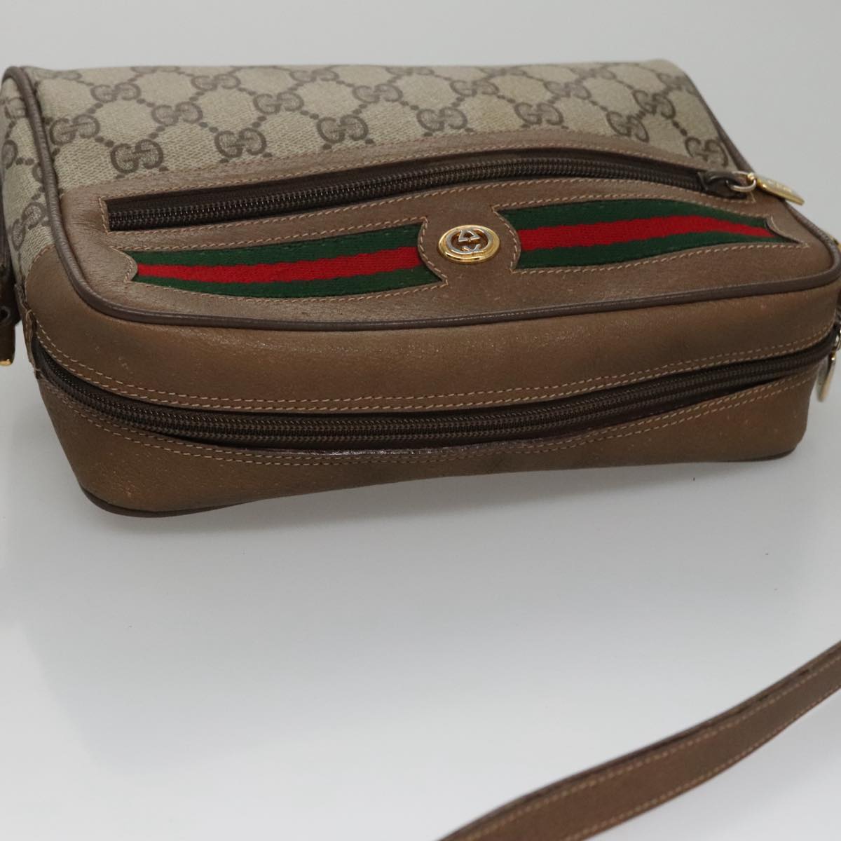 GUCCI GG Supreme Web Sherry Line Shoulder Bag PVC Beige Green Red Auth 107529