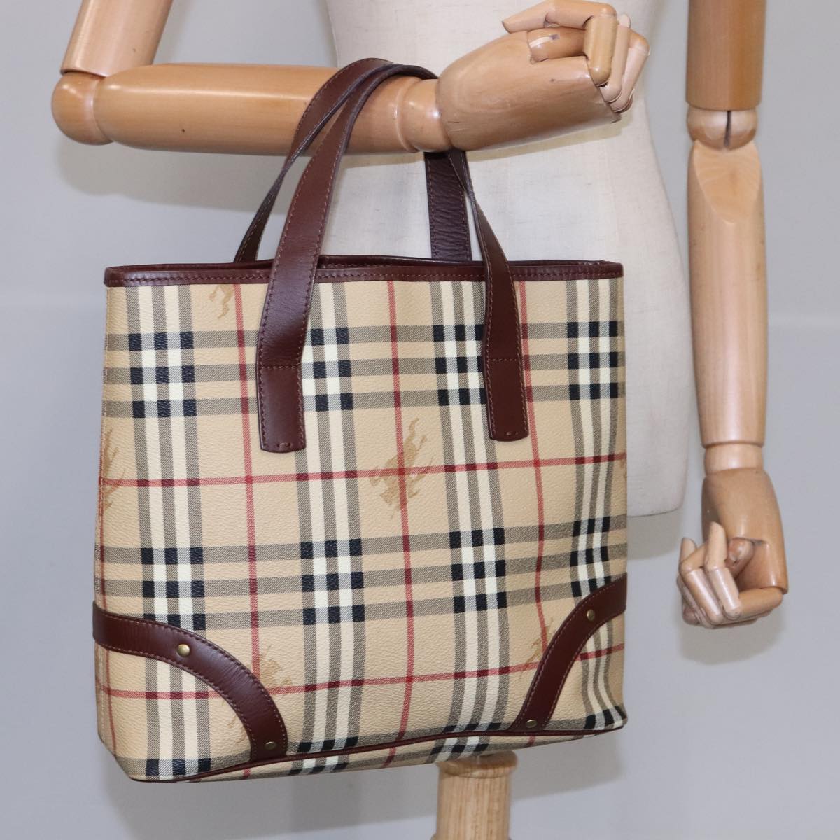 BURBERRY Nova Check Tote Bag PVC Leather Beige Auth 107619