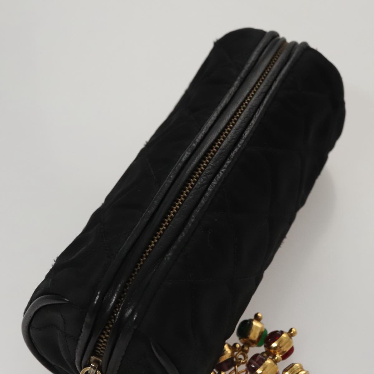 CHANEL Matelasse Pouch Nylon Black Gold CC Auth 107851