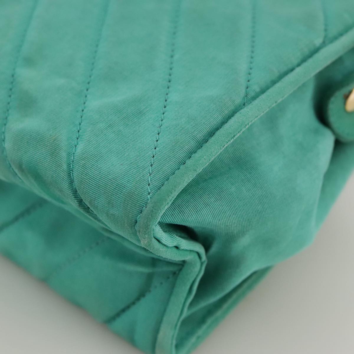 CHANEL V stitch Shoulder Bag Nylon Green Gold CC Auth 107879