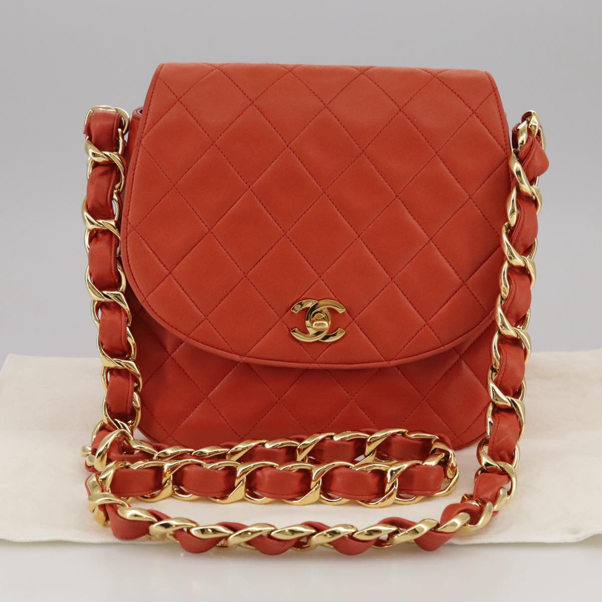 CHANEL Matelasse Chain Shoulder Bag Lamb Skin Orange Gold CC Auth 107881SAV