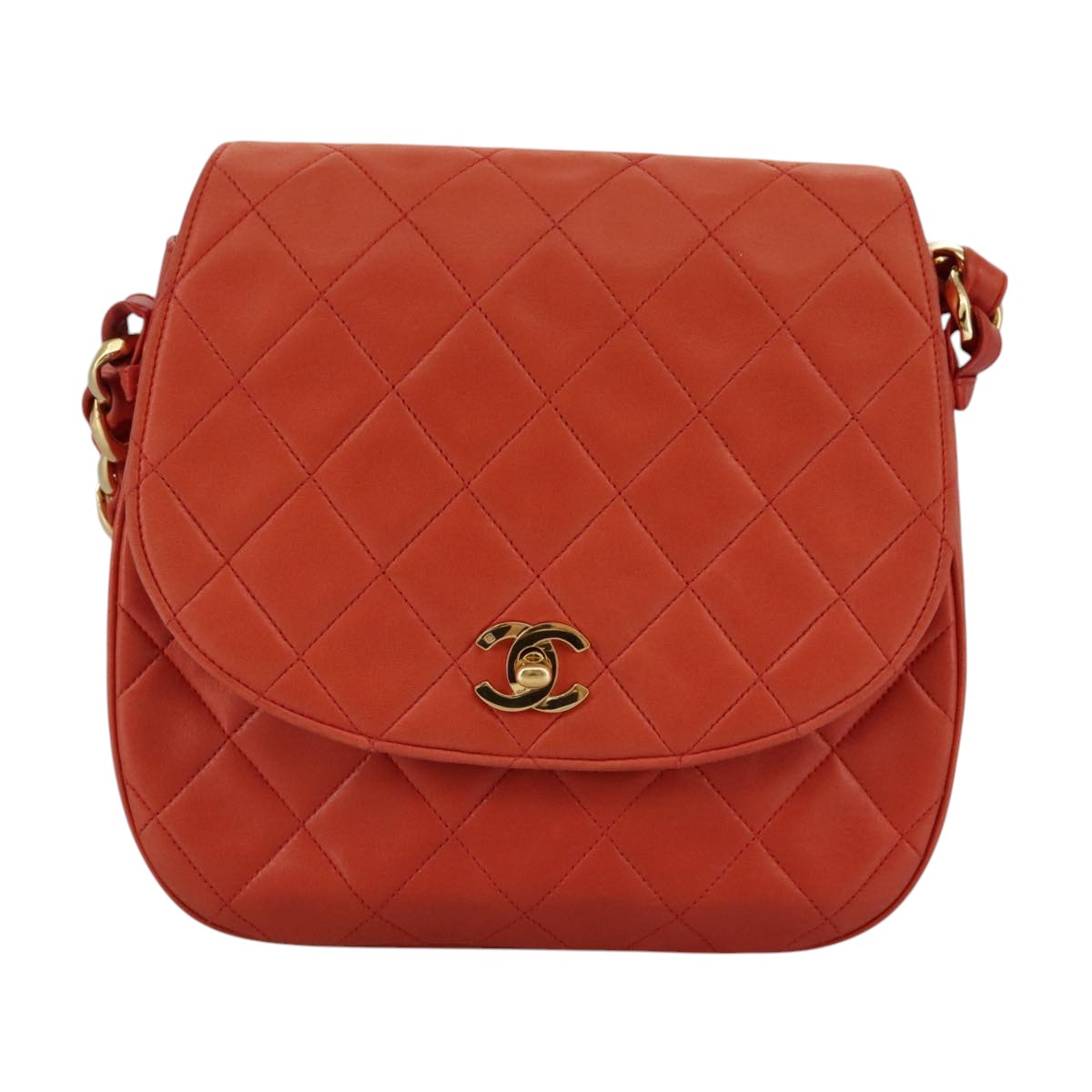CHANEL Matelasse Chain Shoulder Bag Lamb Skin Orange Gold CC Auth 107881SAV