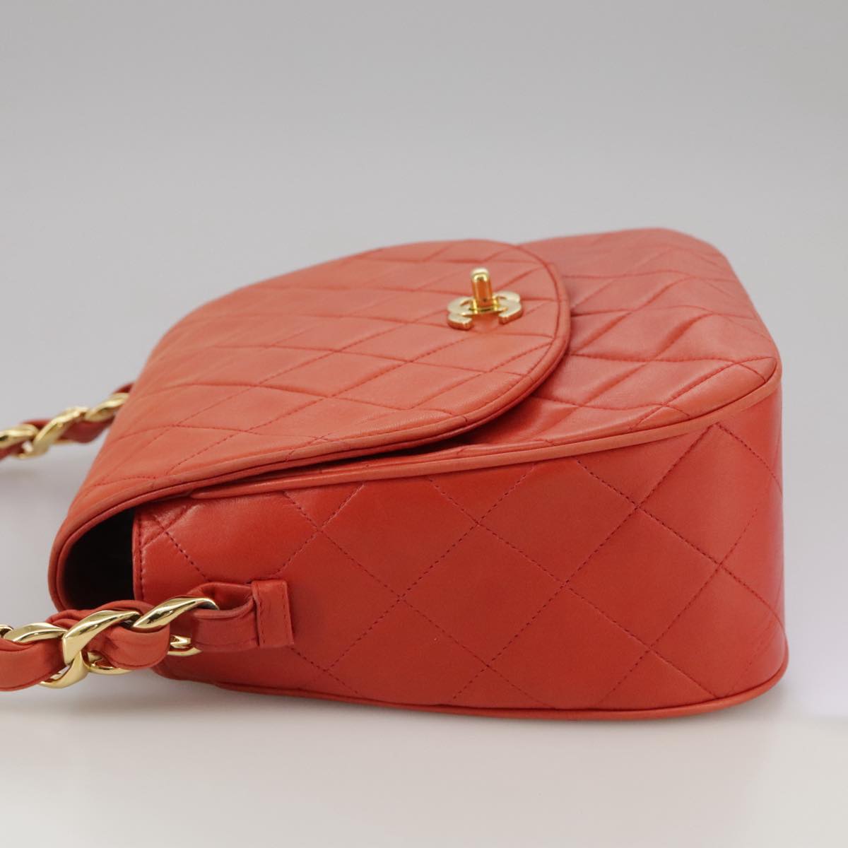 CHANEL Matelasse Chain Shoulder Bag Lamb Skin Orange Gold CC Auth 107881AV