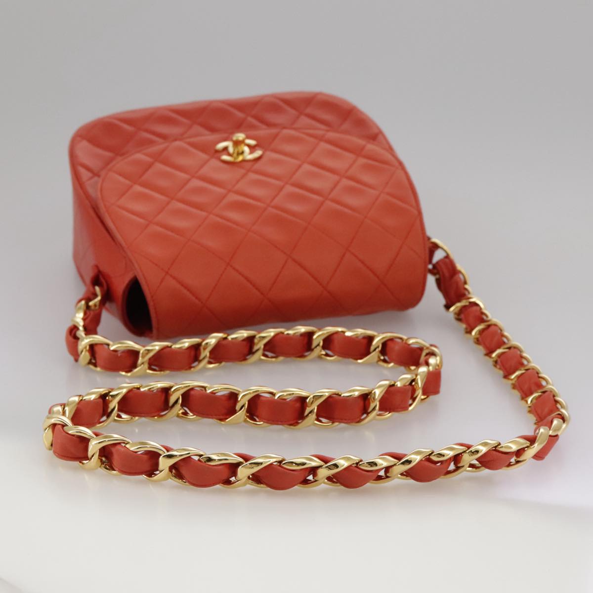 CHANEL Matelasse Chain Shoulder Bag Lamb Skin Orange Gold CC Auth 107881SAV