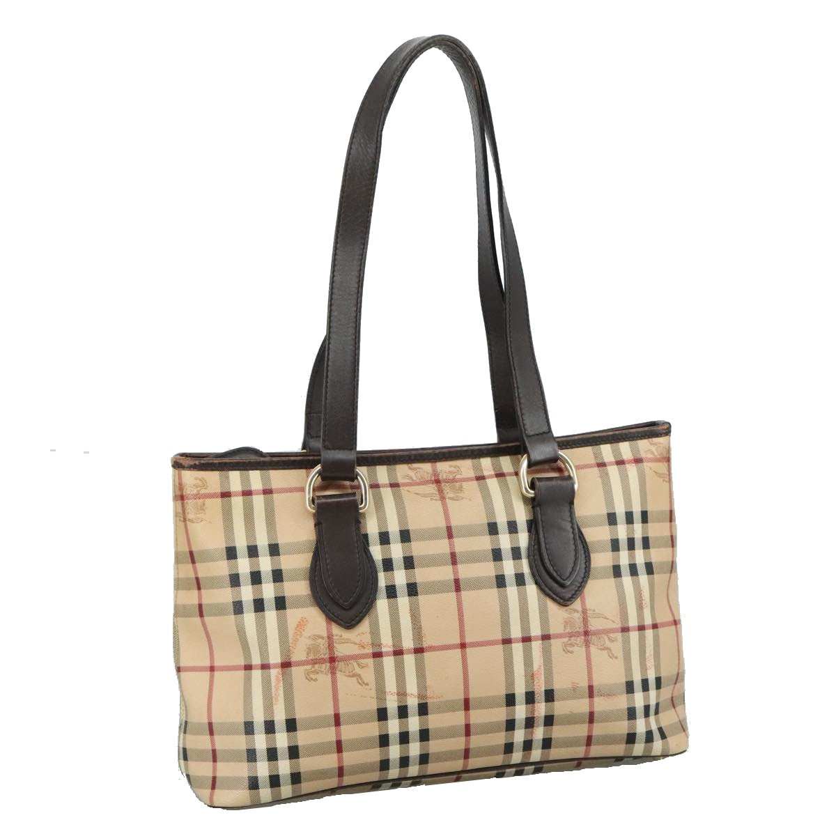 BURBERRY Nova Check Tote Bag PVC Leather Beige Dark Brown gold Auth 107888