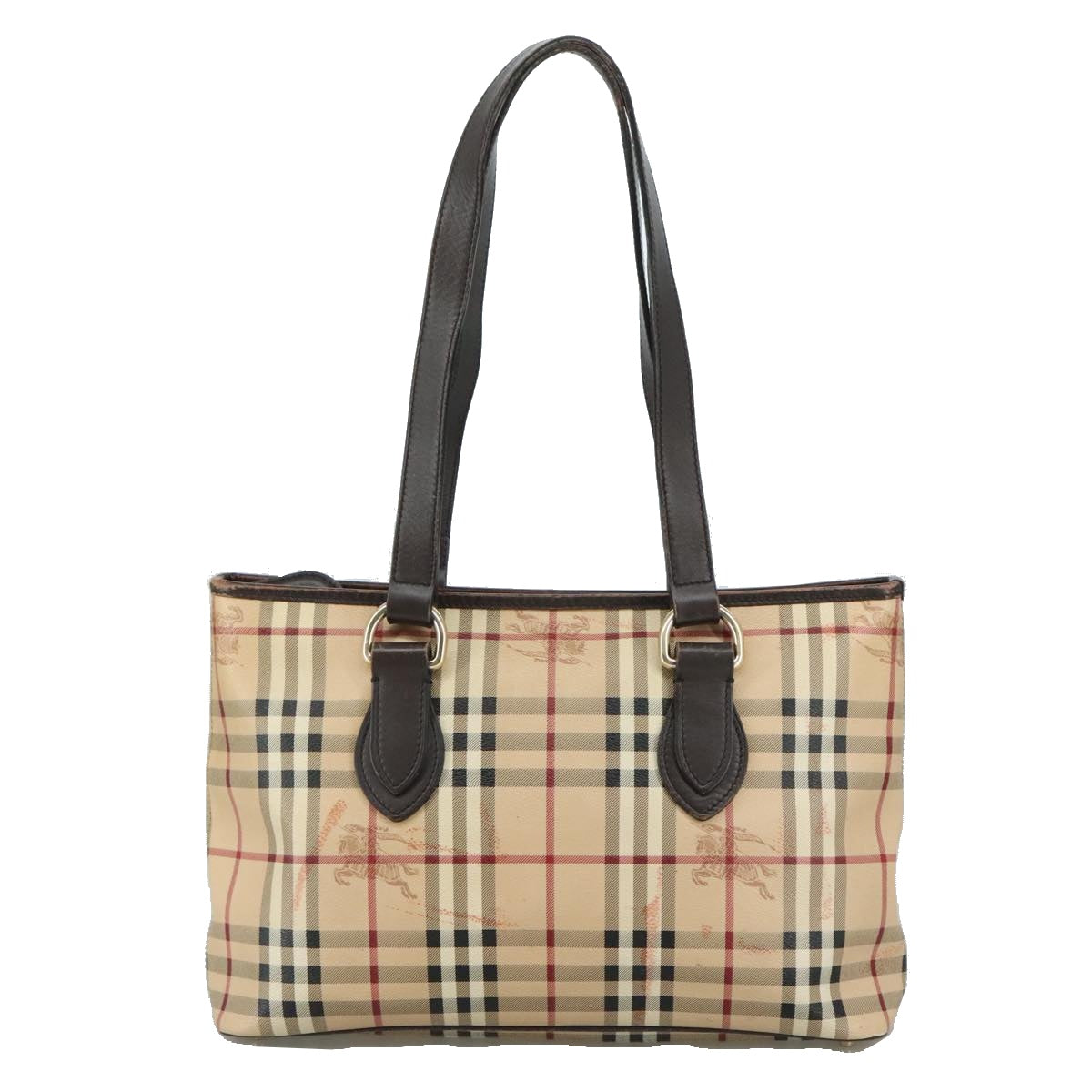 BURBERRY Nova Check Tote Bag PVC Leather Beige Dark Brown gold Auth 107888