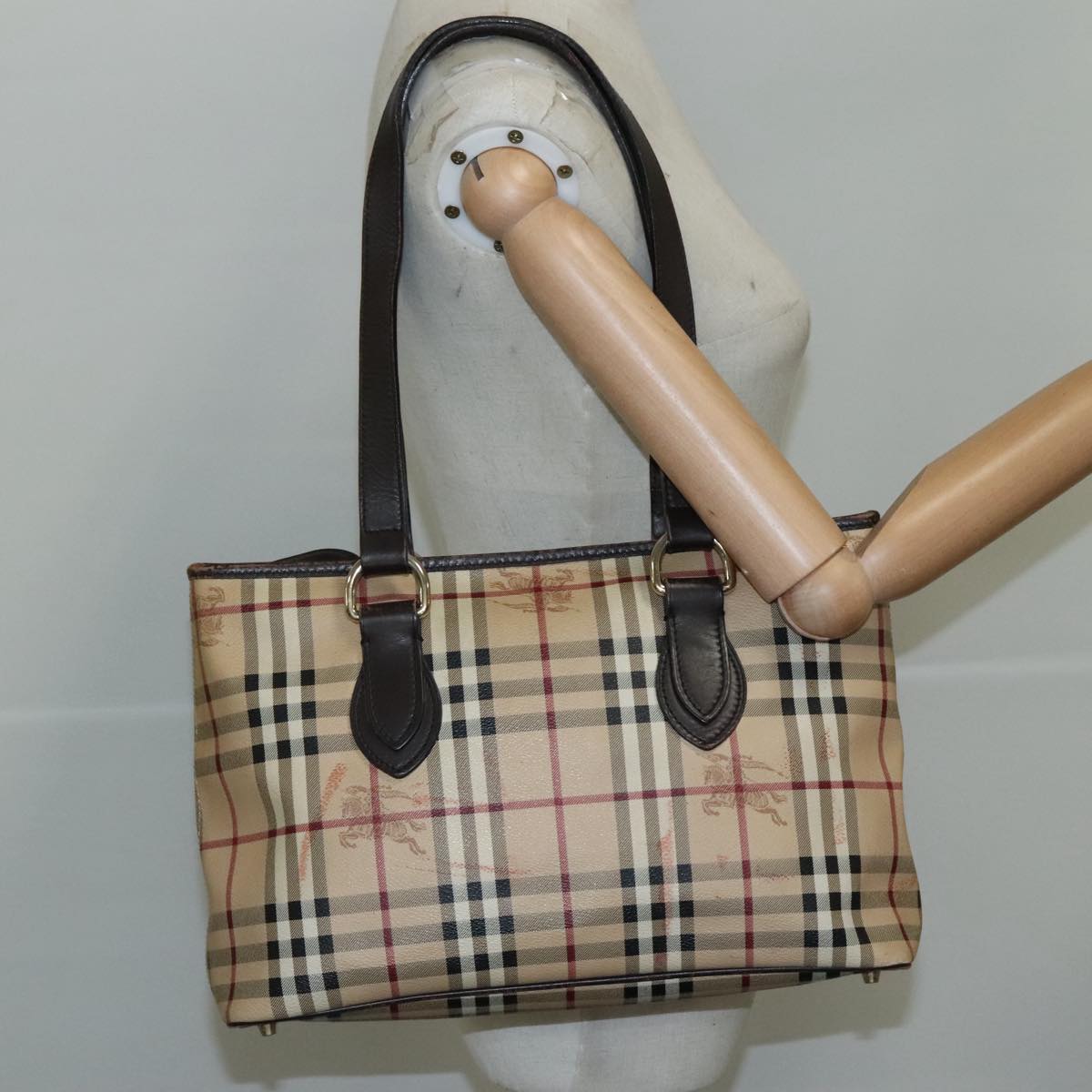 BURBERRY Nova Check Tote Bag PVC Leather Beige Dark Brown gold Auth 107888