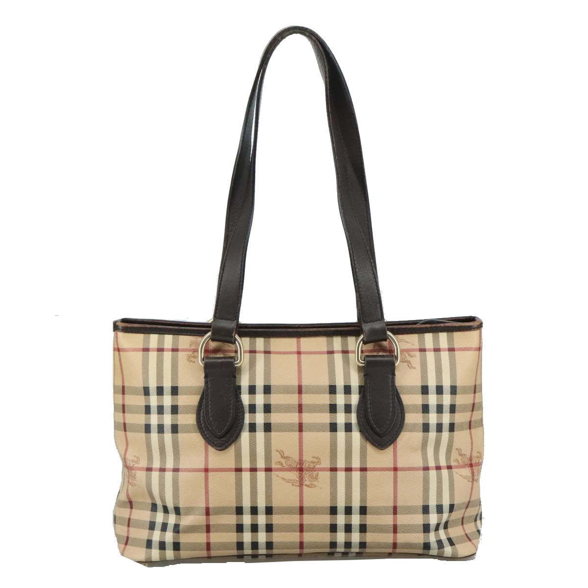 BURBERRY Nova Check Tote Bag PVC Leather Beige Dark Brown gold Auth 107888