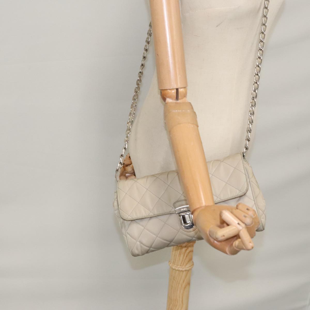 PRADA Quilted Chain Shoulder Bag Nylon Beige Silver Auth 107929