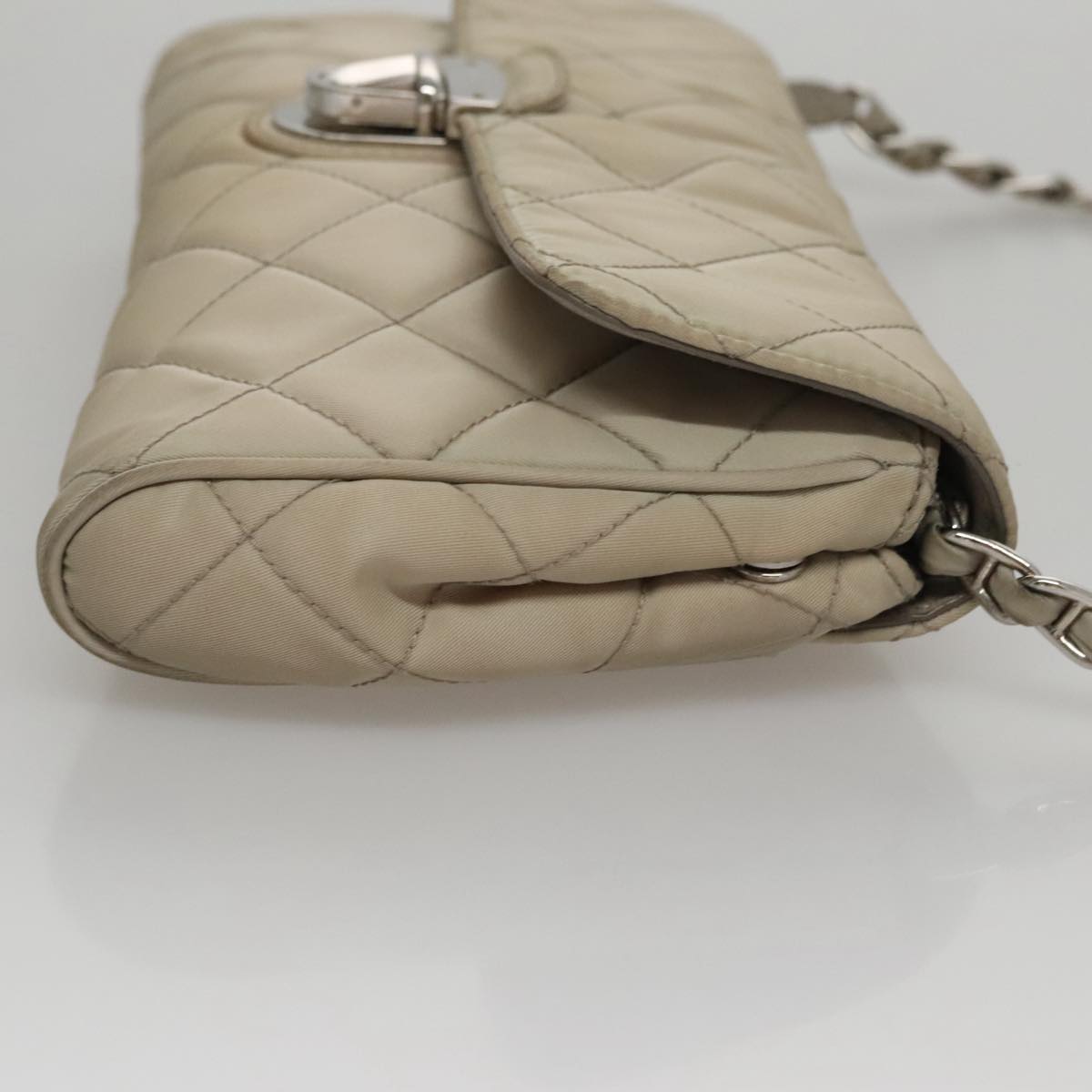 PRADA Quilted Chain Shoulder Bag Nylon Beige Silver Auth 107929
