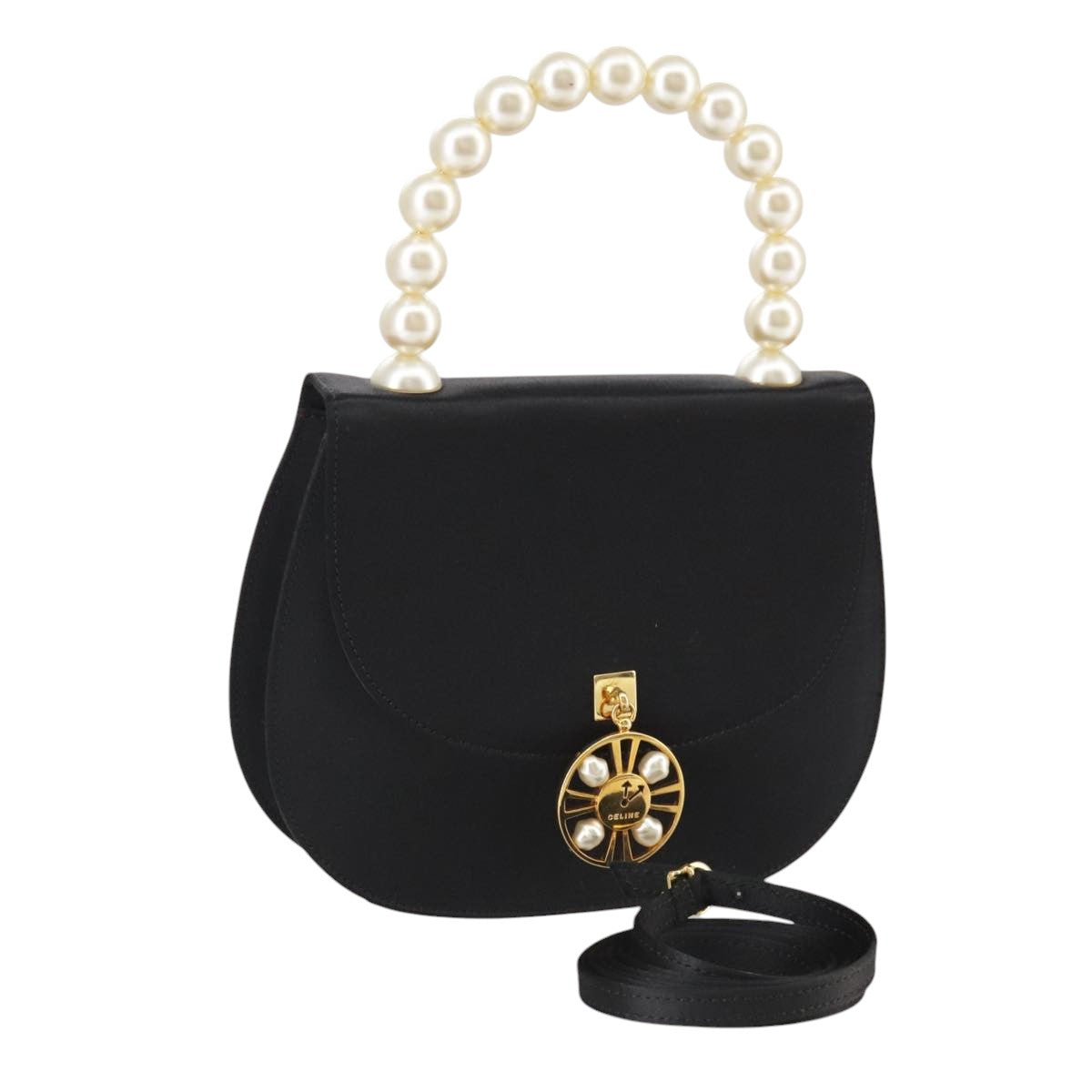 CELINE Hand Bag Satin 2way Black Auth 107980AM