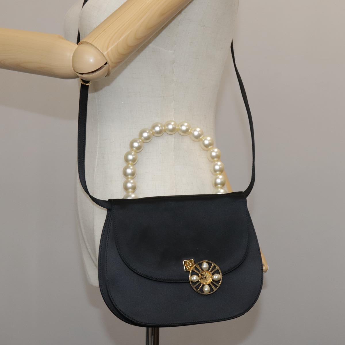 CELINE Hand Bag Satin 2way Black Auth 107980SM