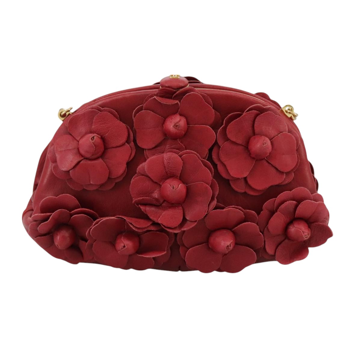 CHANEL Chain Flower Shoulder Bag Leather Red Gold CC Auth 107981