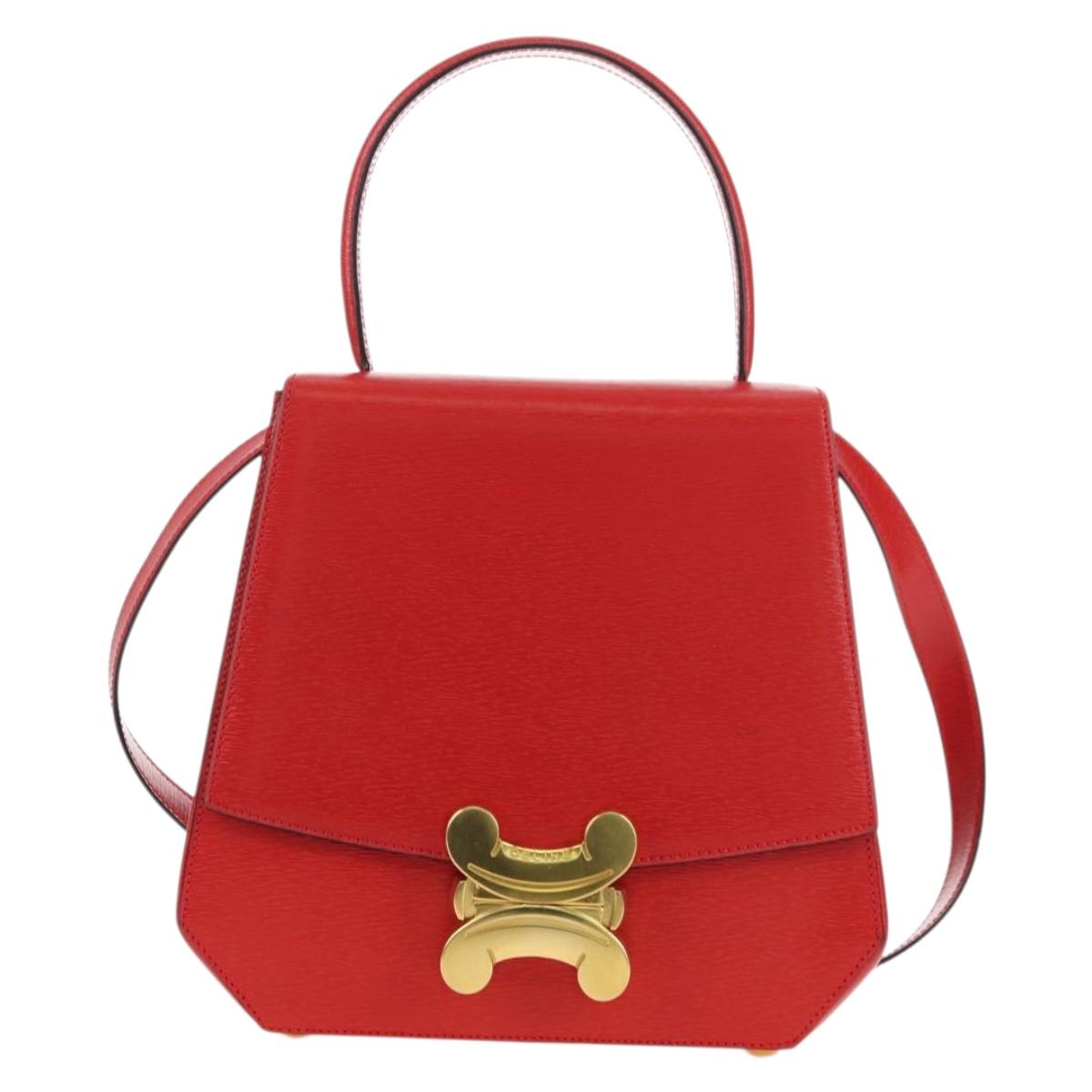 CELINE Hand Bag Leather 2way Red Gold Auth 107984