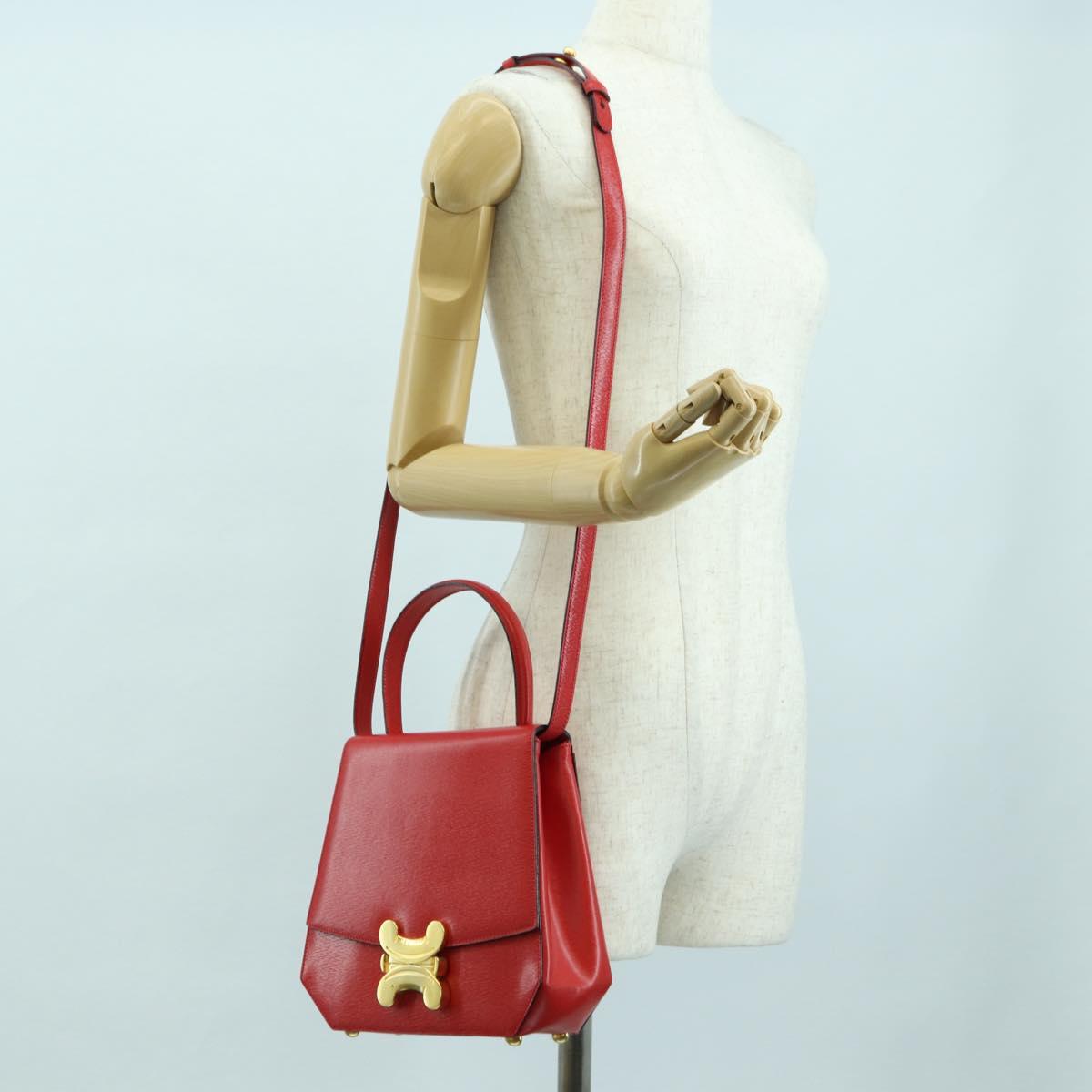 CELINE Hand Bag Leather 2way Red Gold Auth 107984