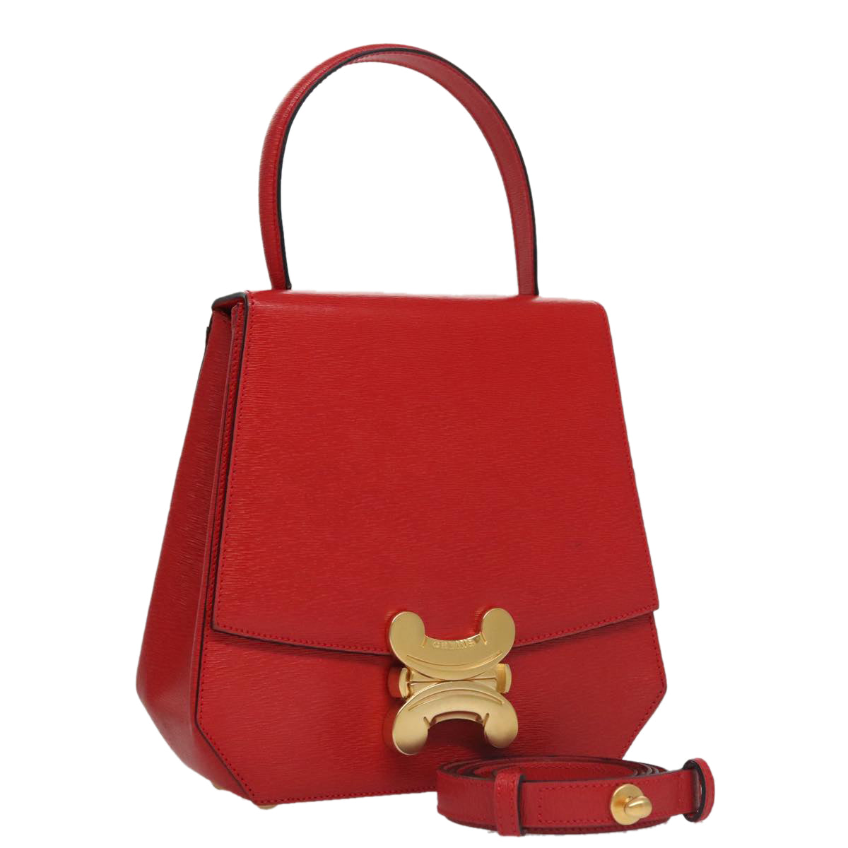 CELINE Hand Bag Leather 2way Red Gold Auth 107984AV