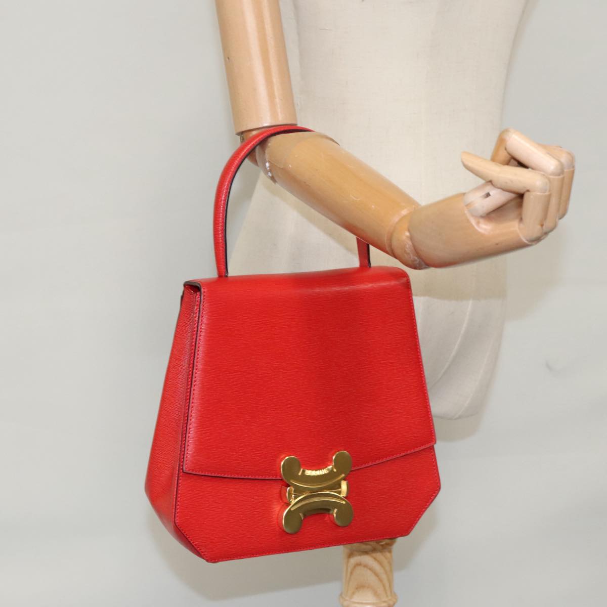 CELINE Hand Bag Leather 2way Red Gold Auth 107984AV
