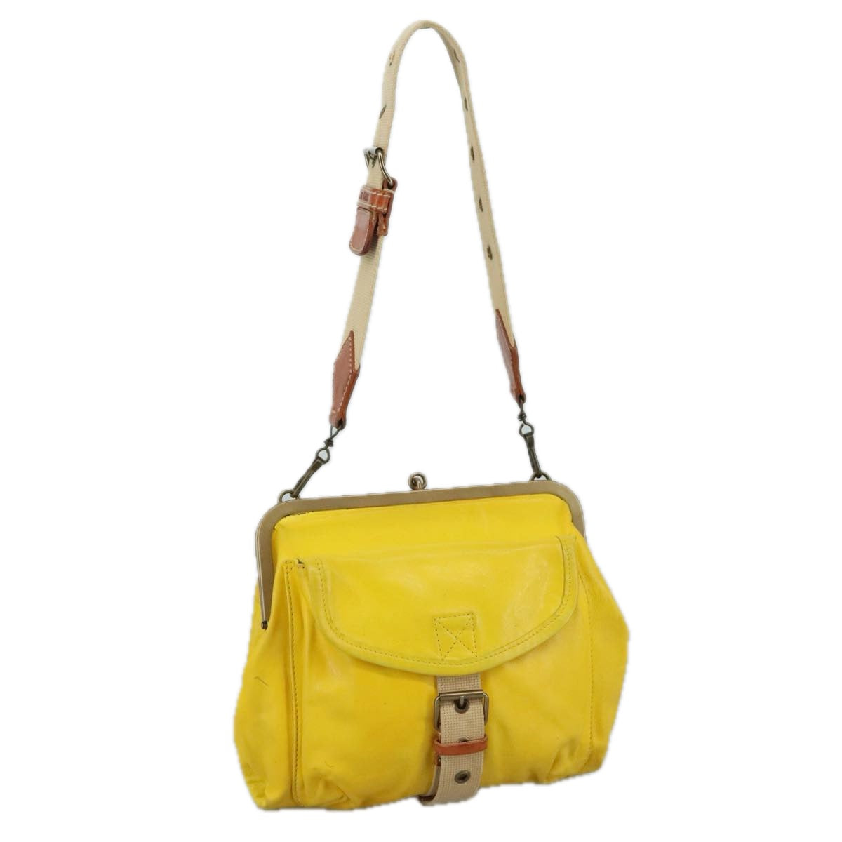 Miu Miu Shoulder Bag Leather Canvas Yellow Beige Auth 108027