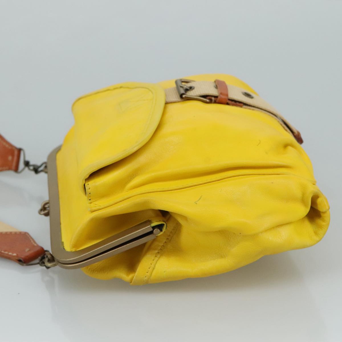 Miu Miu Shoulder Bag Leather Canvas Yellow Beige Auth 108027