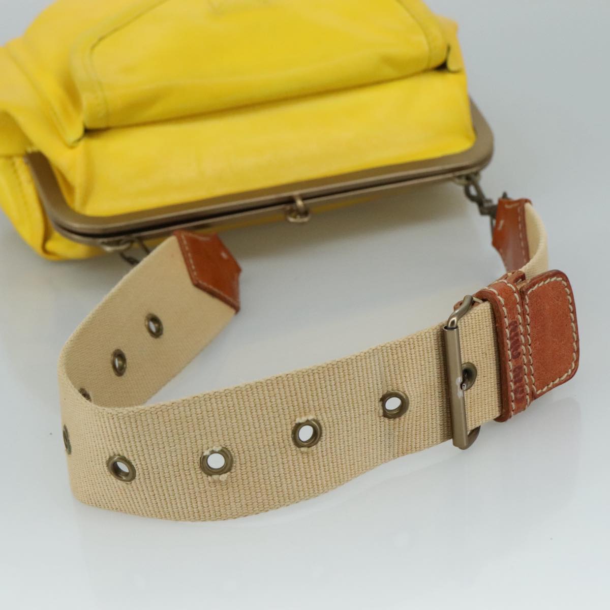 Miu Miu Shoulder Bag Leather Canvas Yellow Beige Auth 108027