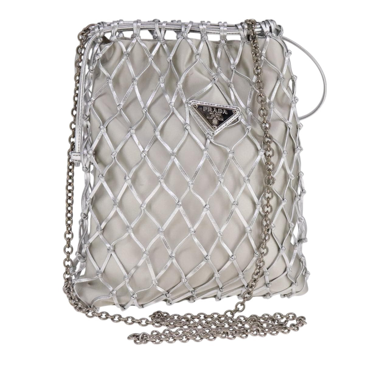 PRADA Chain Shoulder Bag Satin Silver Auth 108034AV