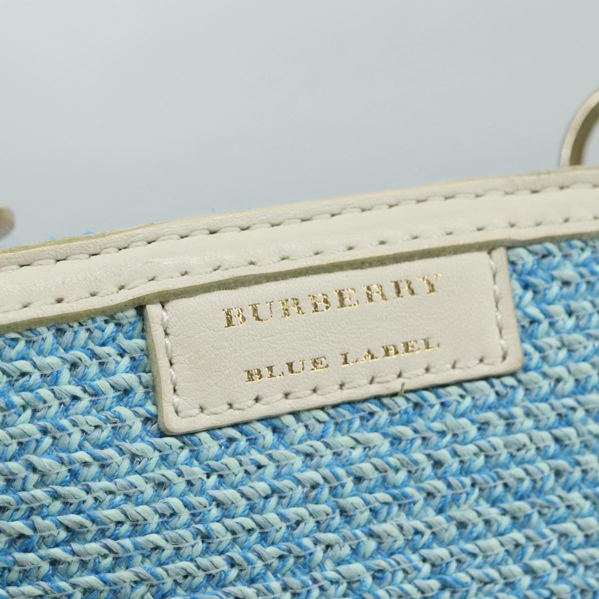 BURBERRY Blue Label Chain Shoulder Bag Straw Metal Blue White Silver Auth 108039