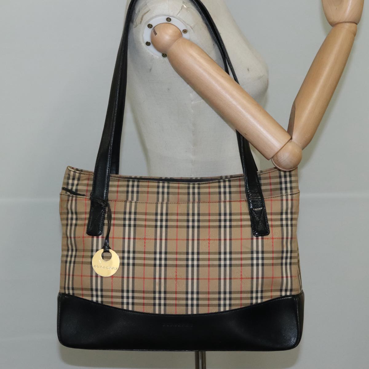 BURBERRY Nova Check Shoulder Bag Canvas Leather Beige Black gold Auth 108046