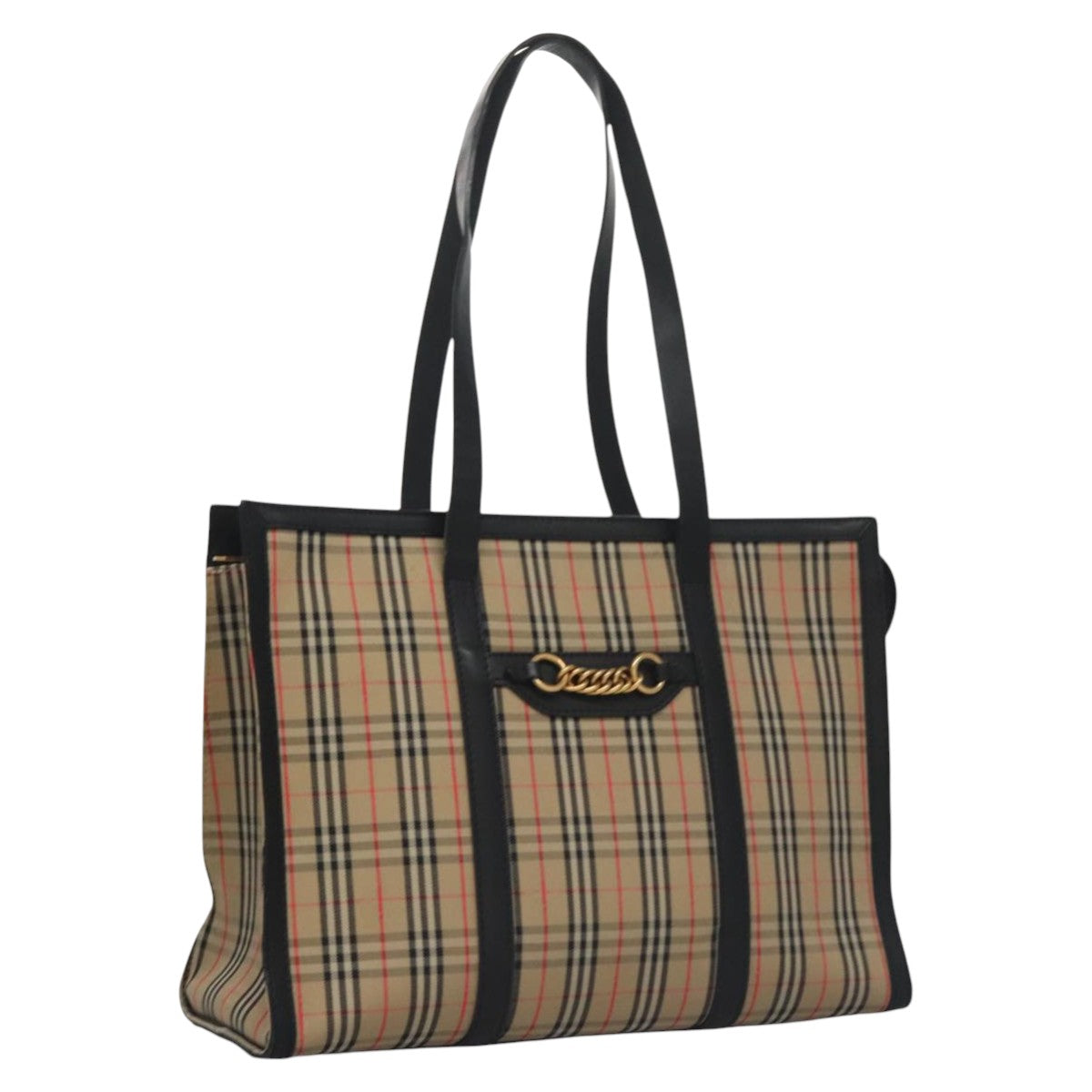 BURBERRY Nova Check Tote Bag Canvas Leather Beige Black gold Auth 108059