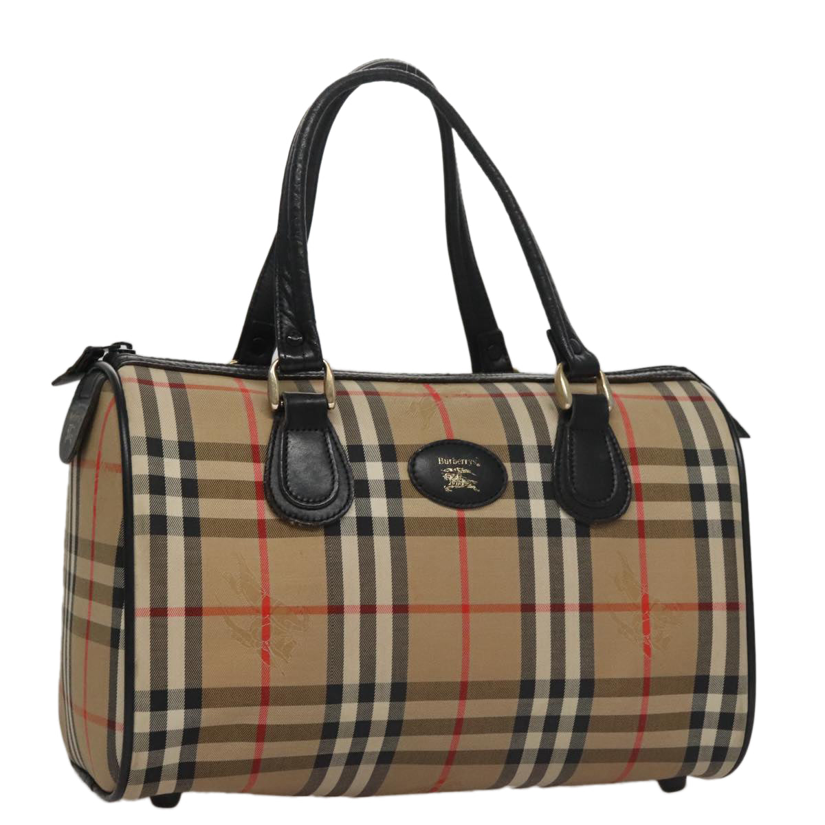 Burberrys Nova Check Boston Bag Canvas Beige Black gold Auth 108062