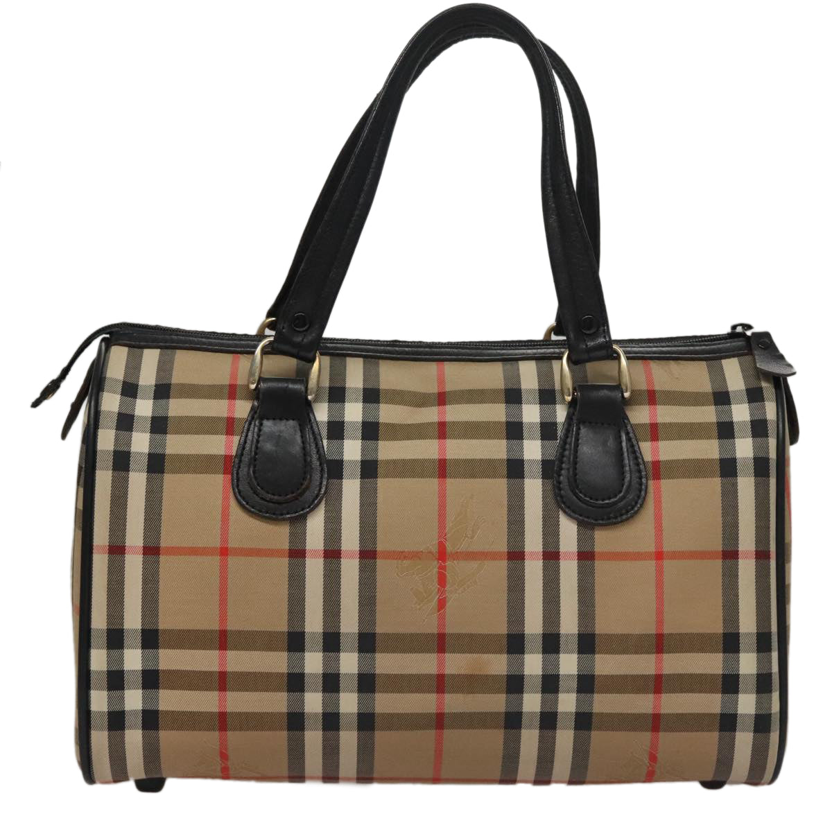 Burberrys Nova Check Boston Bag Canvas Beige Black gold Auth 108062