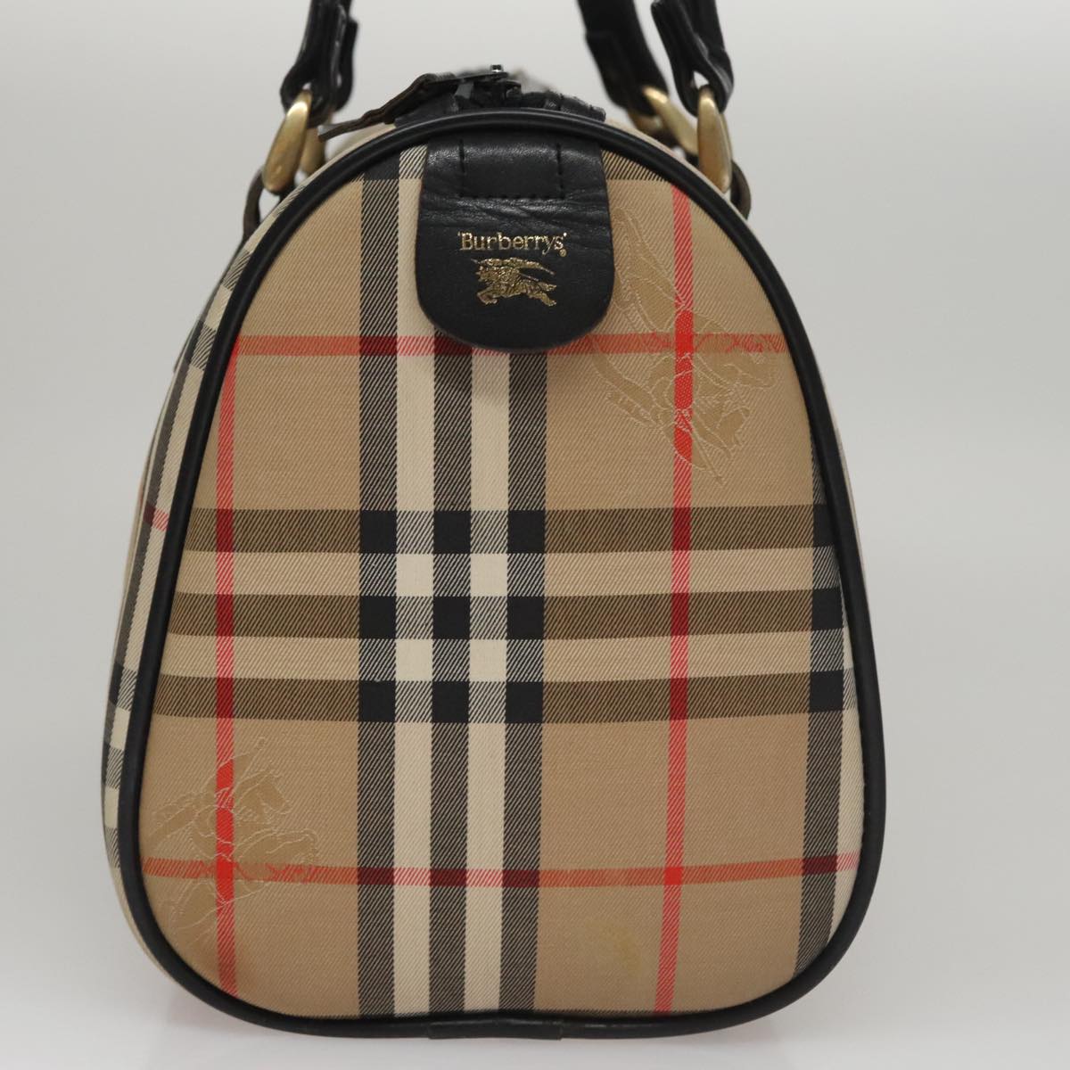 Burberrys Nova Check Boston Bag Canvas Beige Black gold Auth 108062