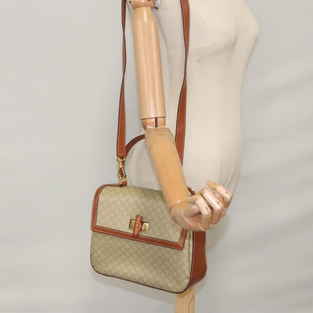 CELINE Macadam Canvas Hand Bag 2way Beige Gold Auth 108125