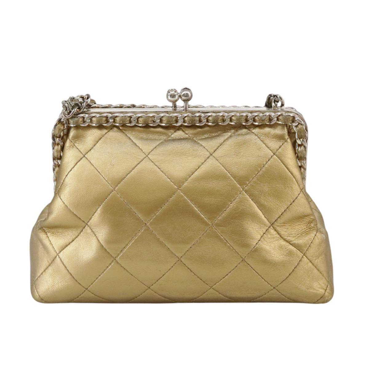 CHANEL Chain Shoulder Bag Lamb Skin Gold CC Auth 108166